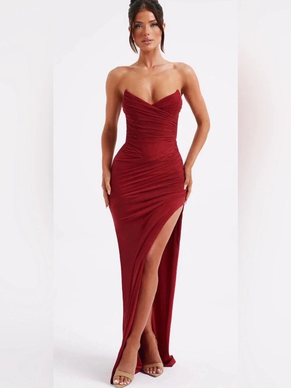 Ruched Wine Red Maxi Dress - Picture 1 of 5